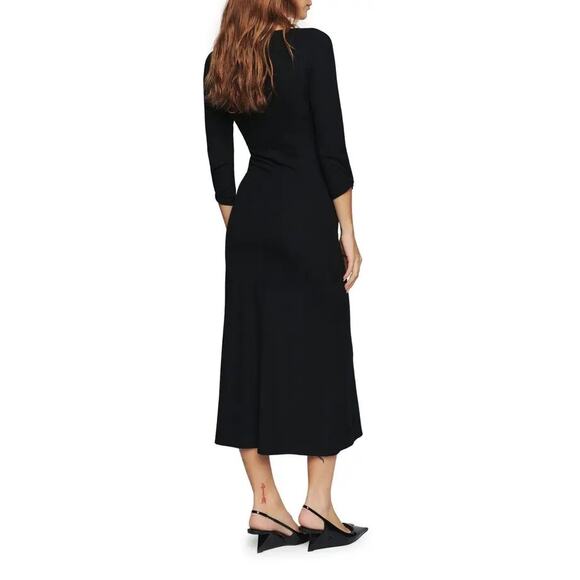 Reformation Belmont Black Ribbed Knit Gathered 3/4 Sleeve Midi Dress Size M NWT - Picture 3 of 7